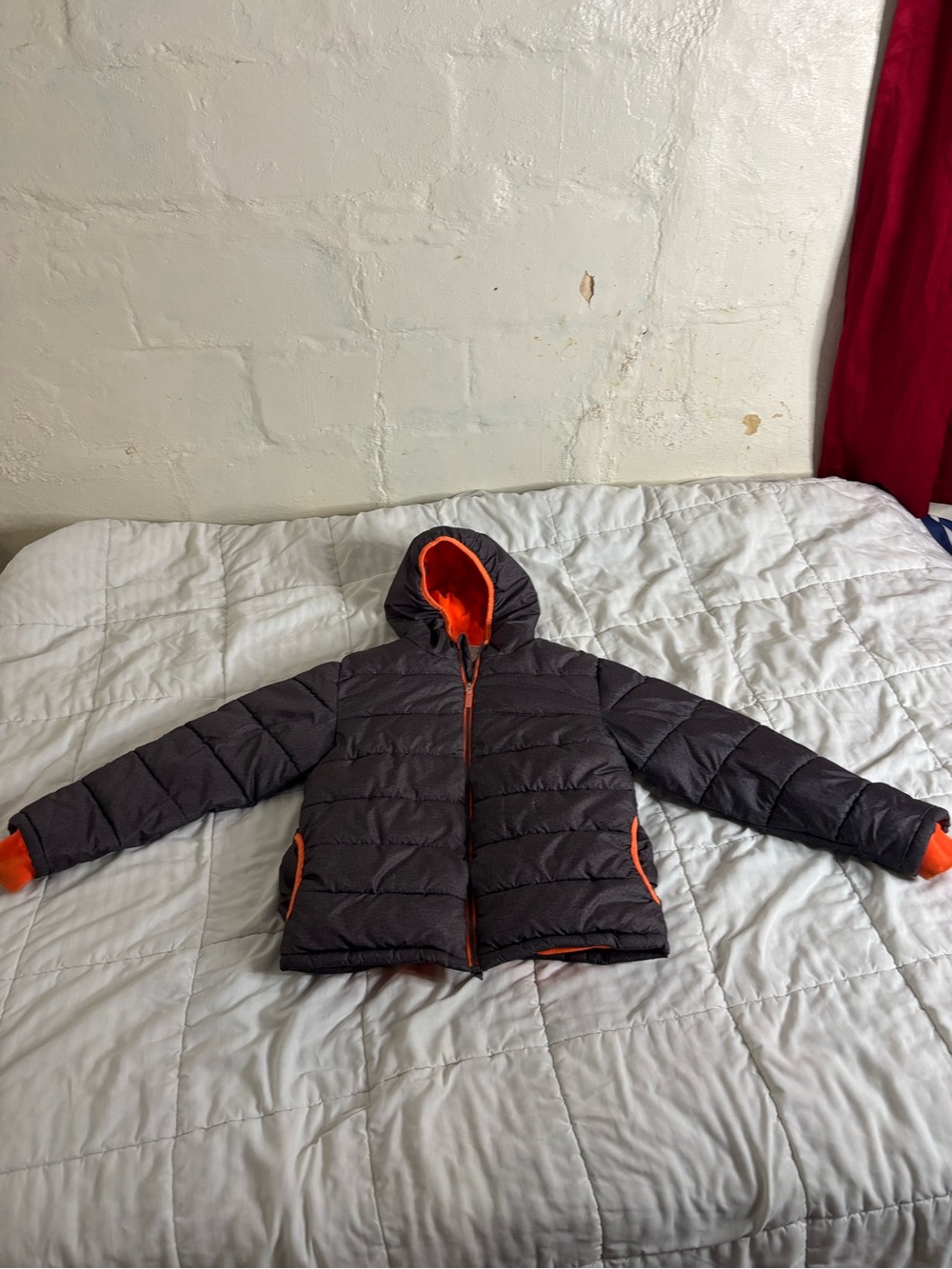 Faded Glory Kids Hooded Puffer Jacket in Dark Gray with Orange Accents